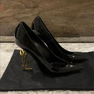Saint Laurent Black Heels with Gold Logo Heel